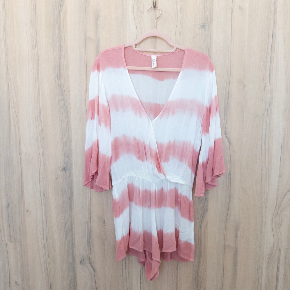 Elan Womens Swim Romper Small Pink Tie Dye Bell Sleeve Boho Beach Coastal Summer